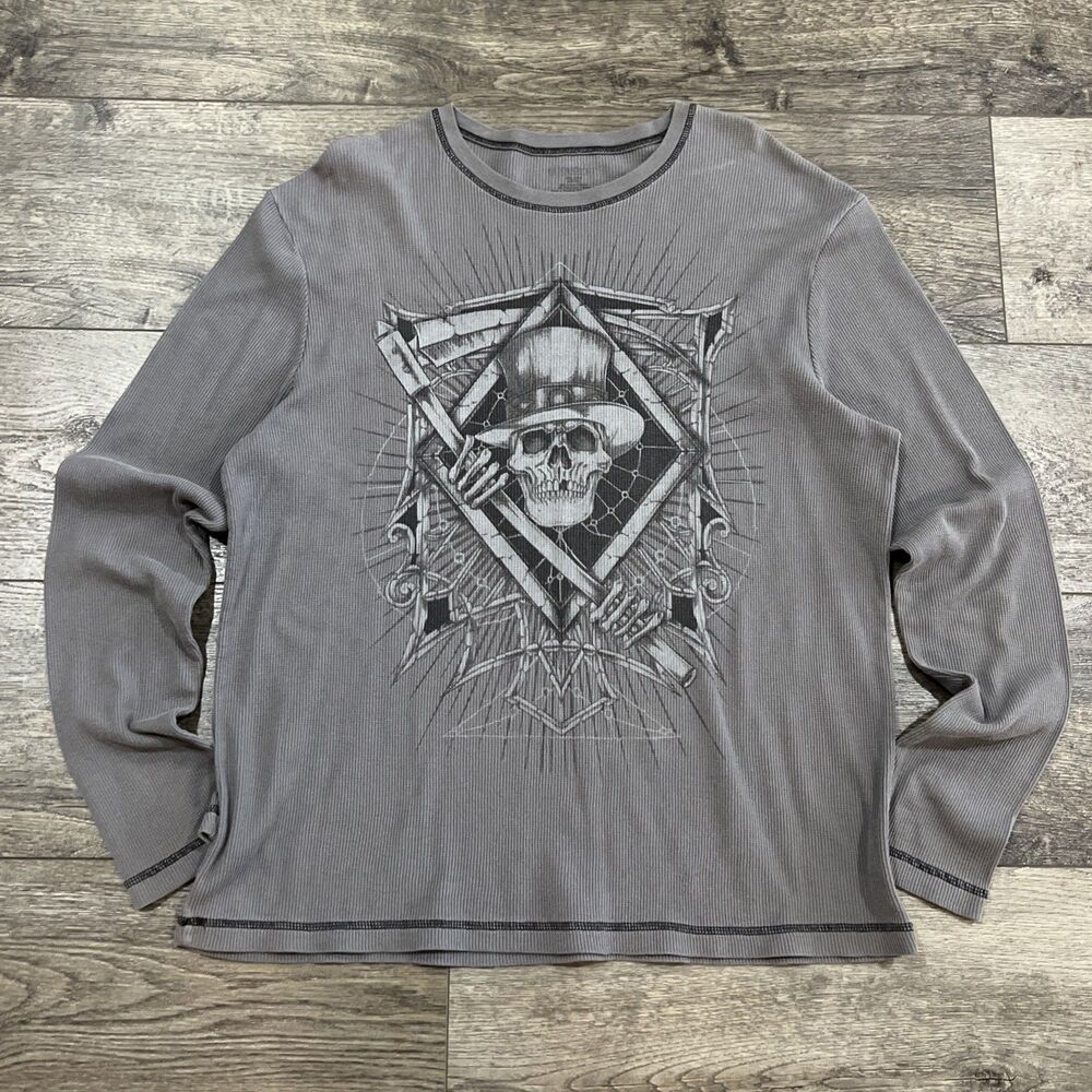 Vintage Y2K No Boundaries Skeleton Reaper Long Sleeve Thermal Shirt Gray Men 2XL